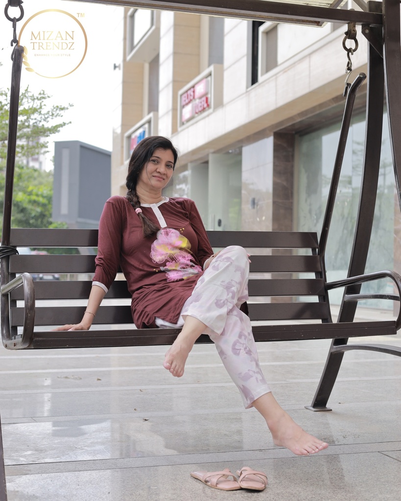 Maroon Floral Print Long Polo Pajama (MTPS1v09)