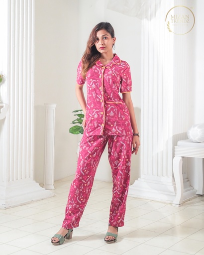 Floral Maroon Print - Front Open Pajama (MTFB1v01)
