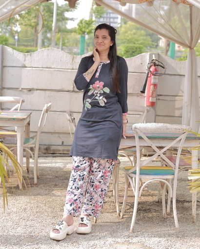 Floral Print Black Long Polo Pajama (MTP1v04)