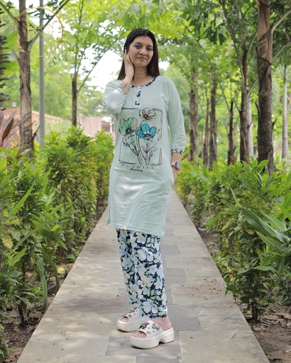 Sea Green Floral Print Long Polo Pajama (MTP1v05)