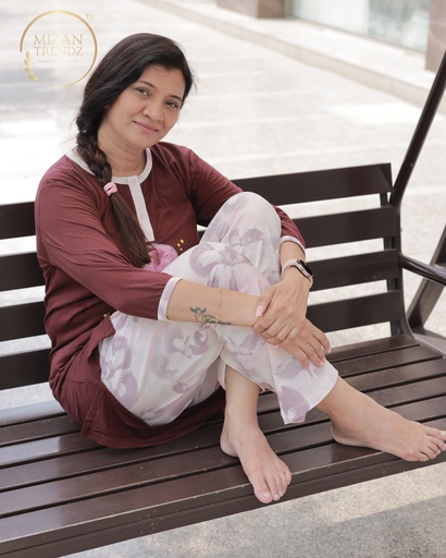Maroon Floral Print Long Polo Pajama (MTP1v09)